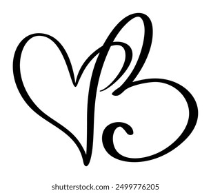 Vector Vintage heart letter monogram logo B. Love Calligraphy element Valentine flourish. Hand drawn sign for page decoration design illustration, wedding card, invitation
