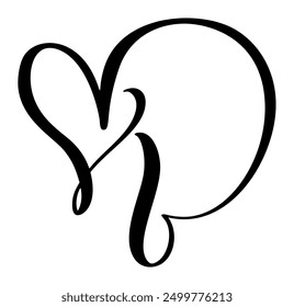 Vector Vintage heart letter monogram logo B. Love Calligraphy element Valentine flourish. Hand drawn sign for page decoration design illustration, wedding card, invitation