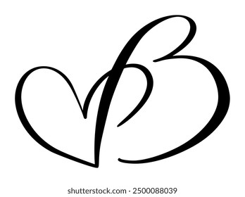 Logotipo del monograma de la letra del corazón del Antiguas del Vector B. elemento de la caligrafía del amor Valentine flourish. Señal dibujada a mano para la ilustración del diseño de la decoración de la página, tarjeta de la boda, invitación