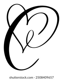 Vector Antiguas corazón letra monograma logo C. Amor elemento de caligrafía Valentine flourish. Señal dibujada a mano para la ilustración del diseño de la decoración de la página, tarjeta de la boda, invitación