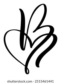 Logotipo del monograma de la letra del corazón del Antiguas del Vector B. elemento de la caligrafía del amor Valentine flourish. Signo dibujado a mano para la ilustración del diseño de la decoración de la página, tarjeta de la boda, invitación.