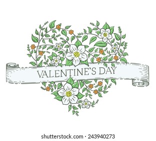 Vector vintage heart made of hand drawn flowers isolated on white with a ribbon and valentine's day greetings. Nice old style 14 February greeting card.