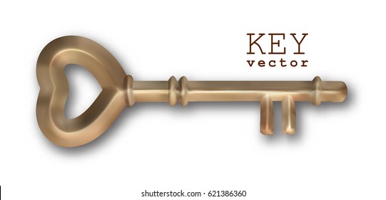 Vector vintage heart shape brass key on a white background