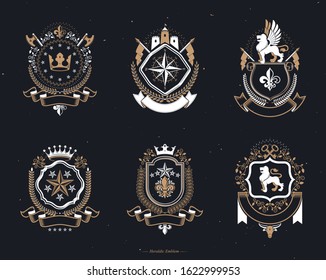 Vector vintage heraldic Coat of Arms designed in award style. Medieval towers, armory, royal crowns, stars and other graphic design elements collection. 