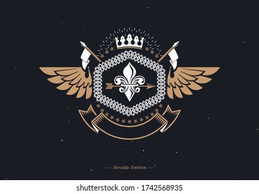 Vector vintage heraldic coat of arms created in award design and decorated using imperial crown and bird wings