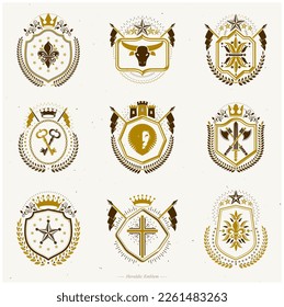 Vector vintage heraldic Coat of Arms designed in award style. Medieval towers, armory, royal crowns, stars and other graphic design elements collection. 