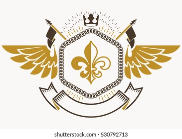 Vector vintage heraldic coat of arms created in award design and decorated using bird wings and imperial crown