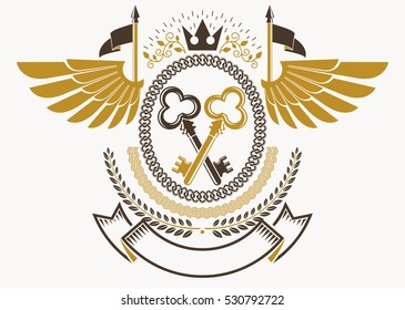 Vector vintage heraldic coat of arms created in award design and decorated using imperial crown and security keys