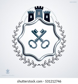 Vector vintage heraldic coat of arms created in award design and decorated using security keys and medieval castle 