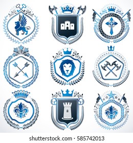 Vector vintage heraldic Coat of Arms designed in award style. Medieval towers, armory, royal crowns, stars and other graphic design elements collection. 