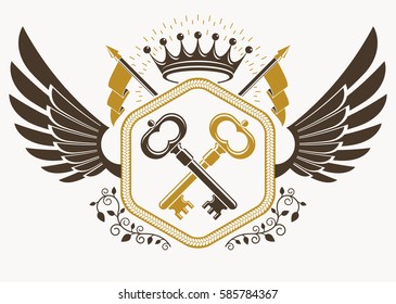 Vector vintage heraldic coat of arms created in award design and decorated using eagle wings, keys and imperial crown