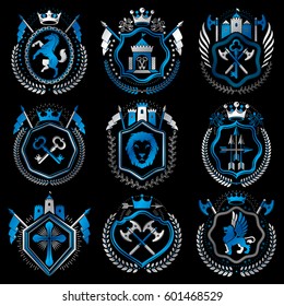 Vector vintage heraldic Coat of Arms designed in award style. Medieval towers, armory, royal crowns, stars and other graphic design elements collection. 