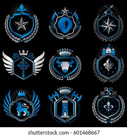 Vector vintage heraldic Coat of Arms designed in award style. Medieval towers, armory, royal crowns, stars and other graphic design elements collection. 