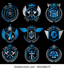Vector vintage heraldic Coat of Arms designed in award style. Medieval towers, armory, royal crowns, stars and other graphic design elements collection. 