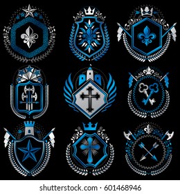 Vector vintage heraldic Coat of Arms designed in award style. Medieval towers, armory, royal crowns, stars and other graphic design elements collection. 