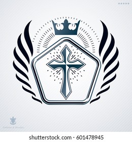 Vector vintage heraldic coat of arms created in award design and decorated using Christian cross and monarch crown 