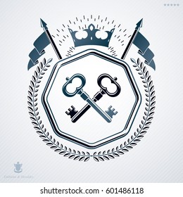 Vector vintage heraldic coat of arms created in award design and decorated using keys and monarch crown 
