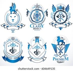 Vector vintage heraldic Coat of Arms designed in award style. Medieval towers, armory, royal crowns, stars and other graphic design elements collection. 