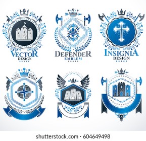 Vector vintage heraldic Coat of Arms designed in award style. Medieval towers, armory, royal crowns, stars and other graphic design elements collection. 