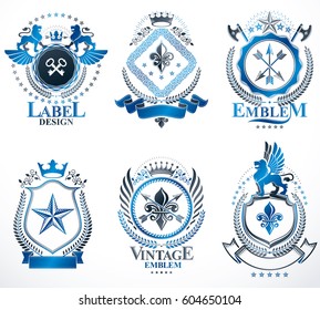 Vector vintage heraldic Coat of Arms designed in award style. Medieval towers, armory, royal crowns, stars and other graphic design elements collection. 