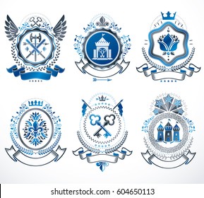 Vector vintage heraldic Coat of Arms designed in award style. Medieval towers, armory, royal crowns, stars and other graphic design elements collection. 