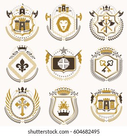 Vector vintage heraldic Coat of Arms designed in award style. Medieval towers, armory, royal crowns, stars and other graphic design elements collection. 