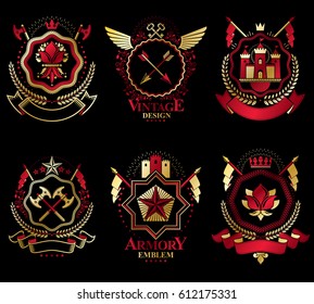 Vector vintage heraldic Coat of Arms designed in award style. Medieval towers, armory, royal crowns, stars and other graphic design elements collection. 