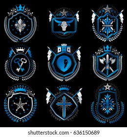 Vector vintage heraldic Coat of Arms designed in award style. Medieval towers, armory, royal crowns, stars and other graphic design elements collection. 