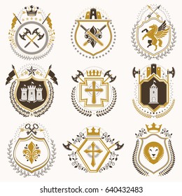 Vector vintage heraldic Coat of Arms designed in award style. Medieval towers, armory, royal crowns, stars and other graphic design elements collection. 