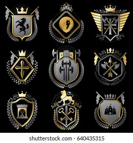 Vector vintage heraldic Coat of Arms designed in award style. Medieval towers, armory, royal crowns, stars and other graphic design elements collection. 