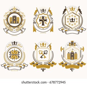 Vector vintage heraldic Coat of Arms designed in award style. Medieval towers, armory, royal crowns, stars and other graphic design elements collection. 