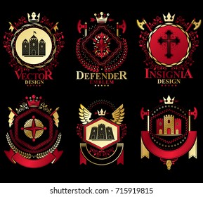 Vector vintage heraldic Coat of Arms designed in award style. Medieval towers, armory, royal crowns, stars and other graphic design elements collection. 