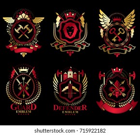 Escudo de armas heráldico vintage de Vector diseñado en estilo de premio. Torres medievales, armería, coronas reales, estrellas y otros Elementos de Diseño gráfico colección. 