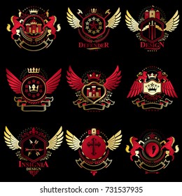 Vector vintage heraldic Coat of Arms designed in award style. Medieval towers, armory, royal crowns, stars and other graphic design elements collection. 