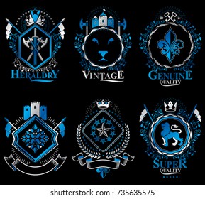 Vector vintage heraldic Coat of Arms designed in award style. Medieval towers, armory, royal crowns, stars and other graphic design elements collection. 
