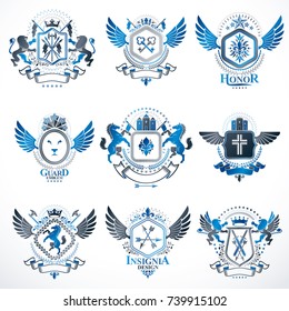Vector vintage heraldic Coat of Arms designed in award style. Medieval towers, armory, royal crowns, stars and other graphic design elements collection. 