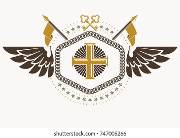 Vector vintage heraldic coat of arms created in award design and decorated using keys and Christian religious cross