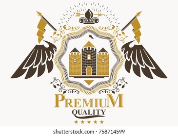 Vector vintage heraldic coat of arms created in award design and decorated using bird wings and medieval stronghold