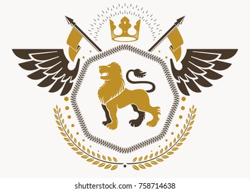 Vector vintage heraldic coat of arms created in award design and decorated using imperial crown and wild lion illustration