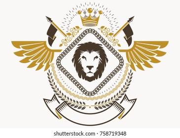 Vector vintage heraldic coat of arms created in award design and decorated using imperial crown and wild lion illustration