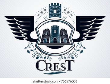 Vector vintage heraldic coat of arms created in award design and decorated using medieval castle and monarch crown 