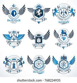Vector vintage heraldic Coat of Arms designed in award style. Medieval towers, armory, royal crowns, stars and other graphic design elements collection. 