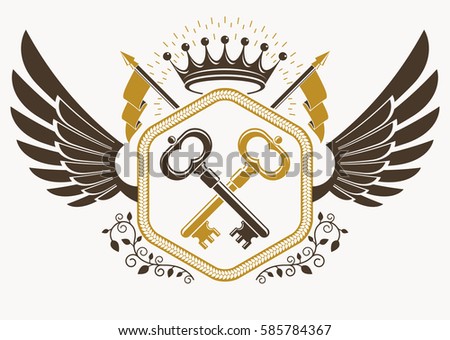 Vector vintage heraldic coat of arms created in award design and decorated using eagle wings, keys and imperial crown