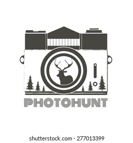 Vector vintage hipster camera with deer silhouette. Photohunt. Stylish inspirational typography illustration.