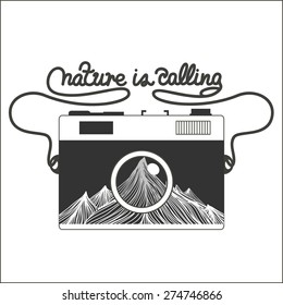 Vector vintage hipster camera with mountains. Nature is calling. Romantic inspirational  typography illustration.