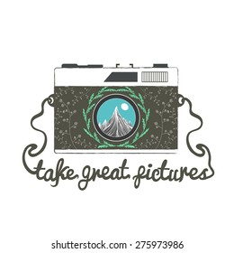 Vector vintage hipster camera with mountains. Take great pictures. Romantic inspirational  typography illustration.