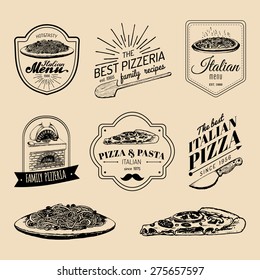 Vector vintage hipster italian food logos. Modern pasta and pizza signs or emblems. Hand drawn mediterranean cuisine illustrations. Traditional southern europe meal sketches in ink style.