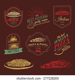 Vector vintage hipster italian food logos. Modern pasta and pizza signs or emblems. Hand drawn mediterranean cuisine illustrations. Traditional southern europe meal sketches in ink style.