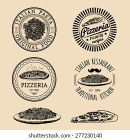 Vector vintage hipster italian food logos. Modern pasta and pizza signs or emblems. Hand drawn mediterranean cuisine illustrations. Traditional southern europe meal sketches in ink style.