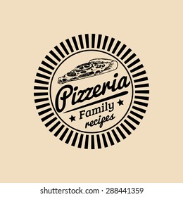 Vector vintage hipster italian food logo. Modern pizza sign. Hand drawn mediterranean cuisine illustration. Traditional southern europe meal sketch in ink style.